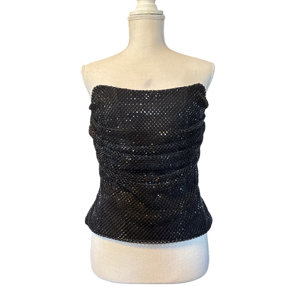 Zara Black Rhinestone Mesh Cowel Neck Corset Top